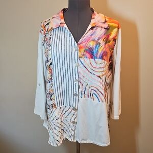 Parsley & Sage Womens XL Abstract Art Buttondown Shirt Unique Colorful 3/4sleeve